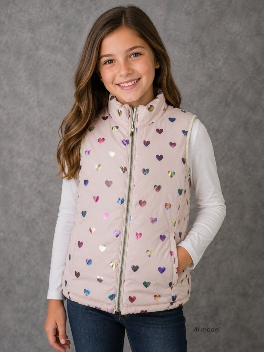 Gap Puffer Vest Girls L/XL Womens XS Off White Pink Metallic Iridescent Heart